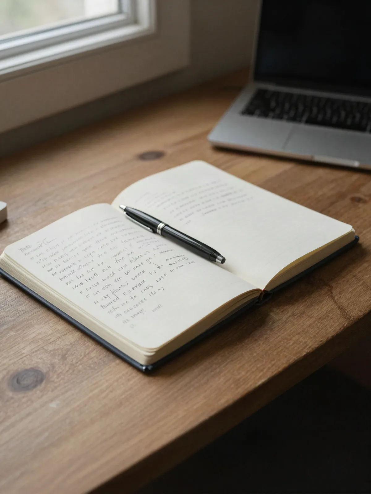 An open notebook with handwritten notes and a pen resting on the page, on a quiet wooden desk beside a laptop in natural daylight.
